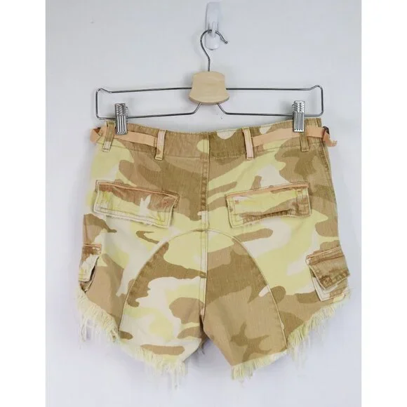 NWT Free People Commander Cut Off Desert Camo Denim Jean Short Tan Camouflage 0